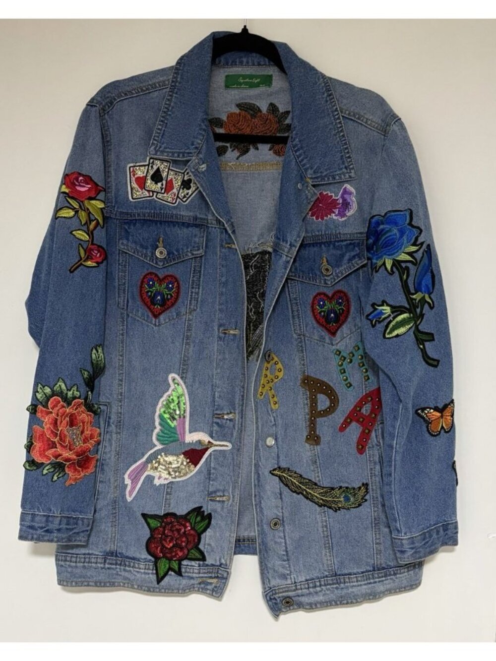 Signature Eight Women’s Denim Jean Jacket Blue Embroidered Tiger Flowers Sz M/L